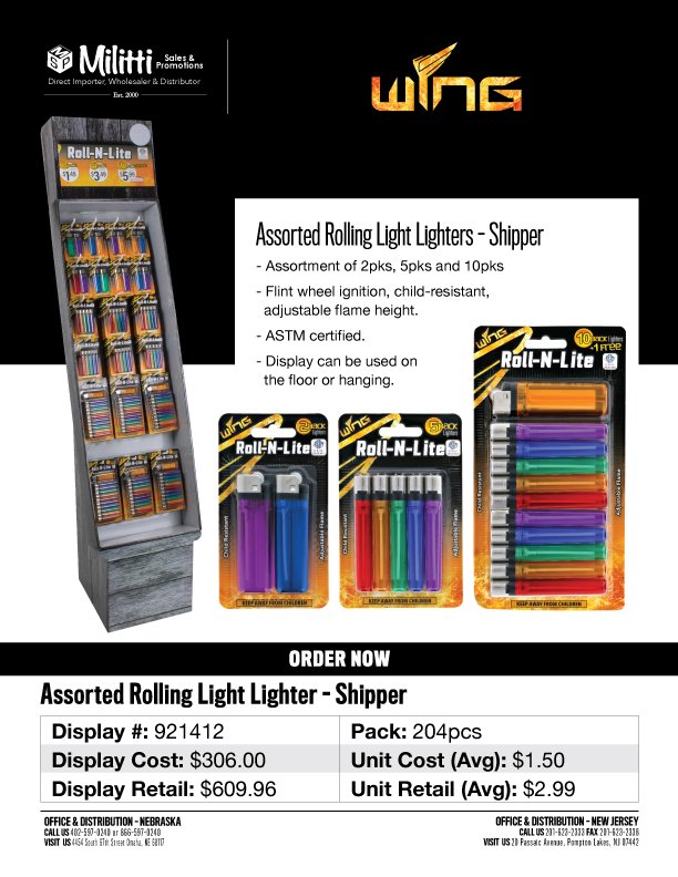 921412 Assorted Rolling Light Lighter Shipper - 204pcs (921412)
