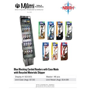 Blue Blocking Eco Carded Readers with Case Made with Recycled Materials Shipper - 48pcs