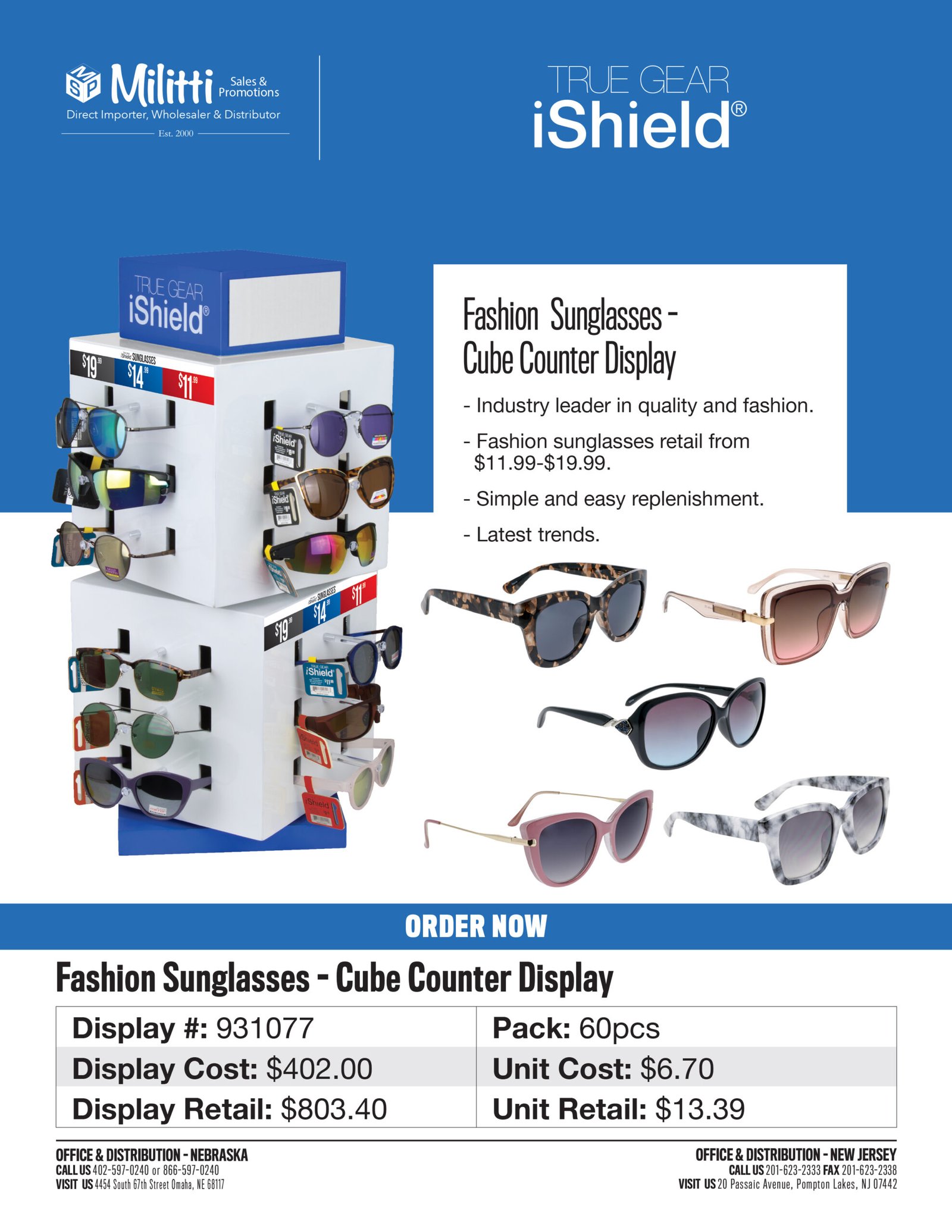 931077 Fashion Sunglasses - Cube Counter Display - 60pcs (931077)