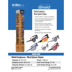 iShield Assorted Sunglasses - 72pc Wood Spinner Display - 108pcs