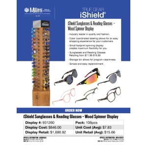 iShield Sunglasses & Reading Glasses -  Wood Spinner Display - 108pcs