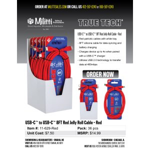 USB-C to USB-C 8FT Red Jelly Roll Cable - Red